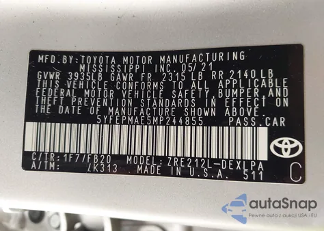 2021 Toyota Corolla Le z USA, uszkodzony, nr VIN 5YFEPMAE5MP244855